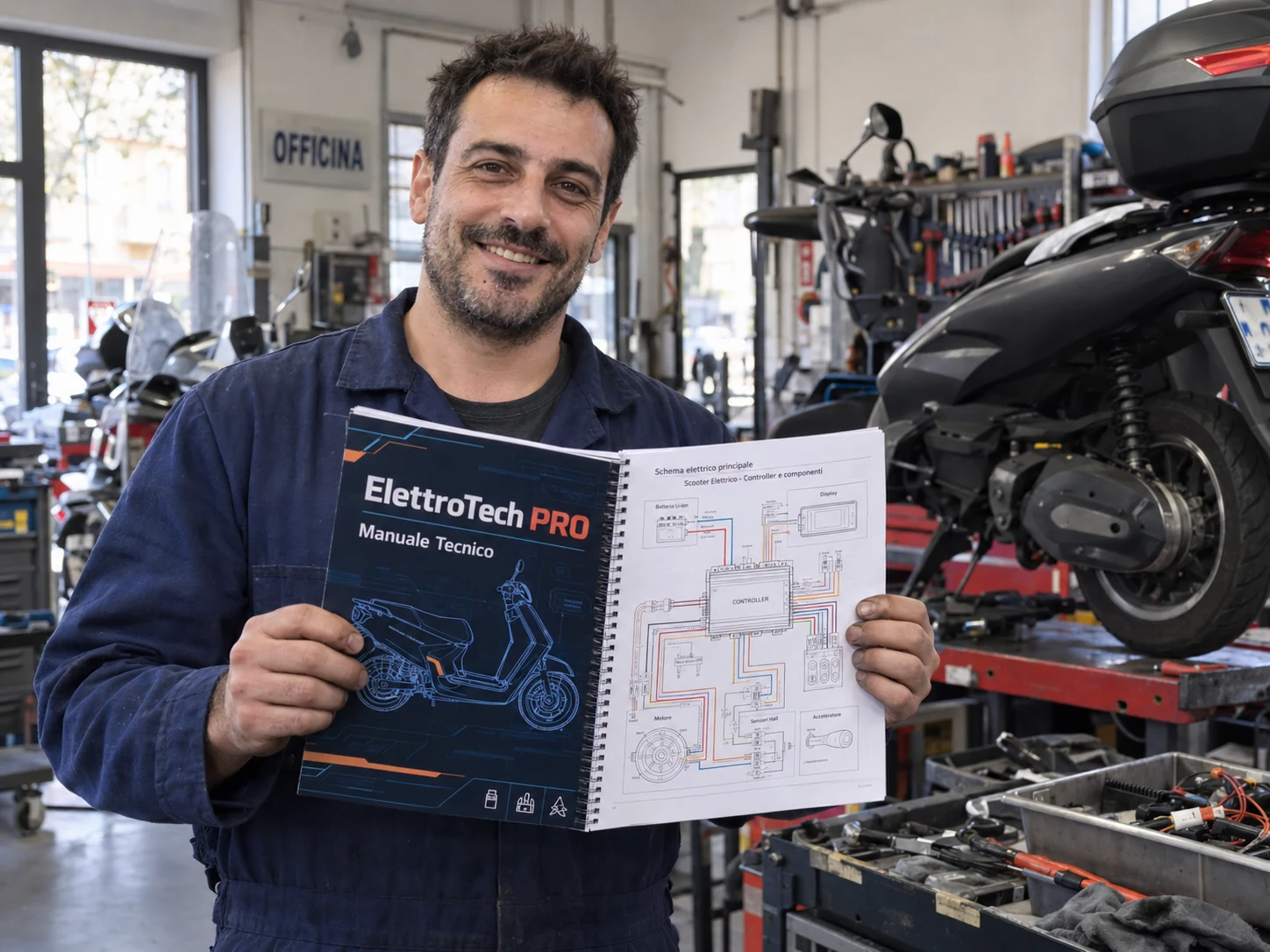 Meccanico in officina con il manuale ElettroTech PRO
