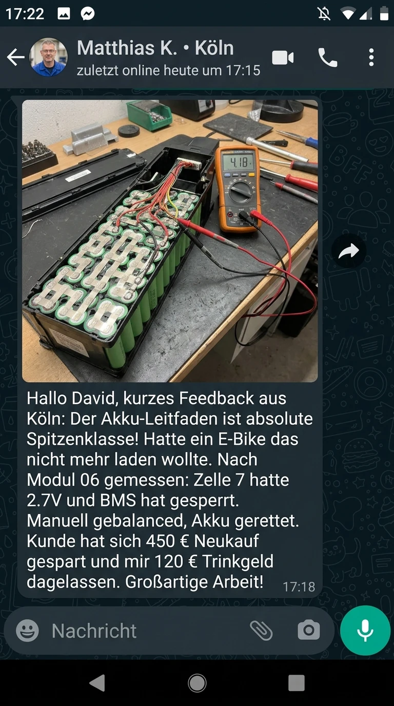 WhatsApp Chat Matthias K. Köln - E-Bike Akku Zellenausgleich